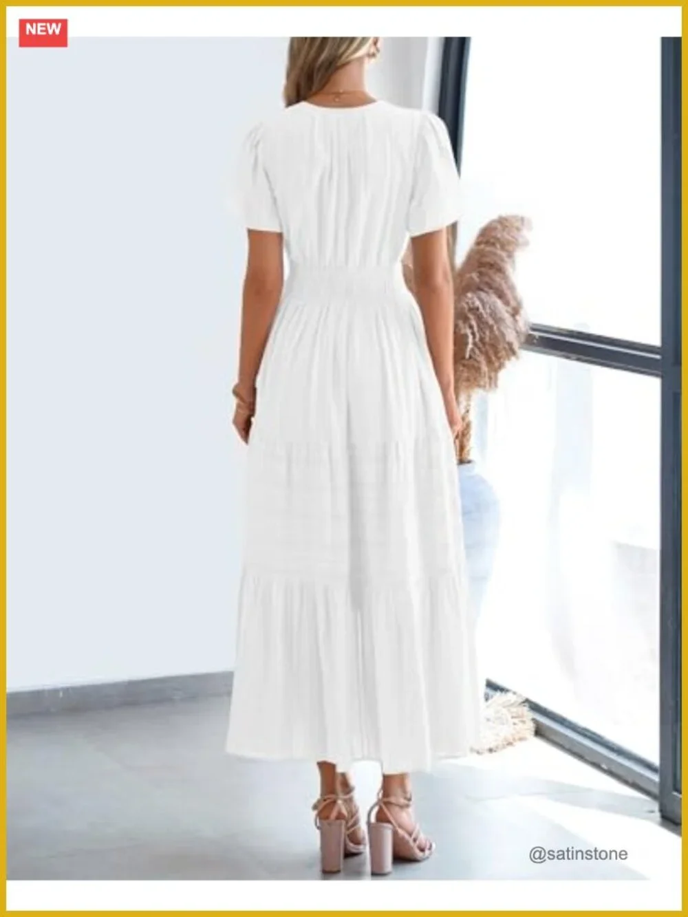 Womens Maxi Dress Short Sleeve V Neck Elastic Waist Tiered Ruffle Beach